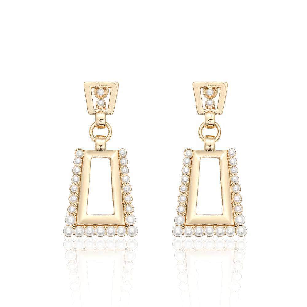 14k Gold Pearl Decor Trapezoid Dangle Earrings Gold / Clip On