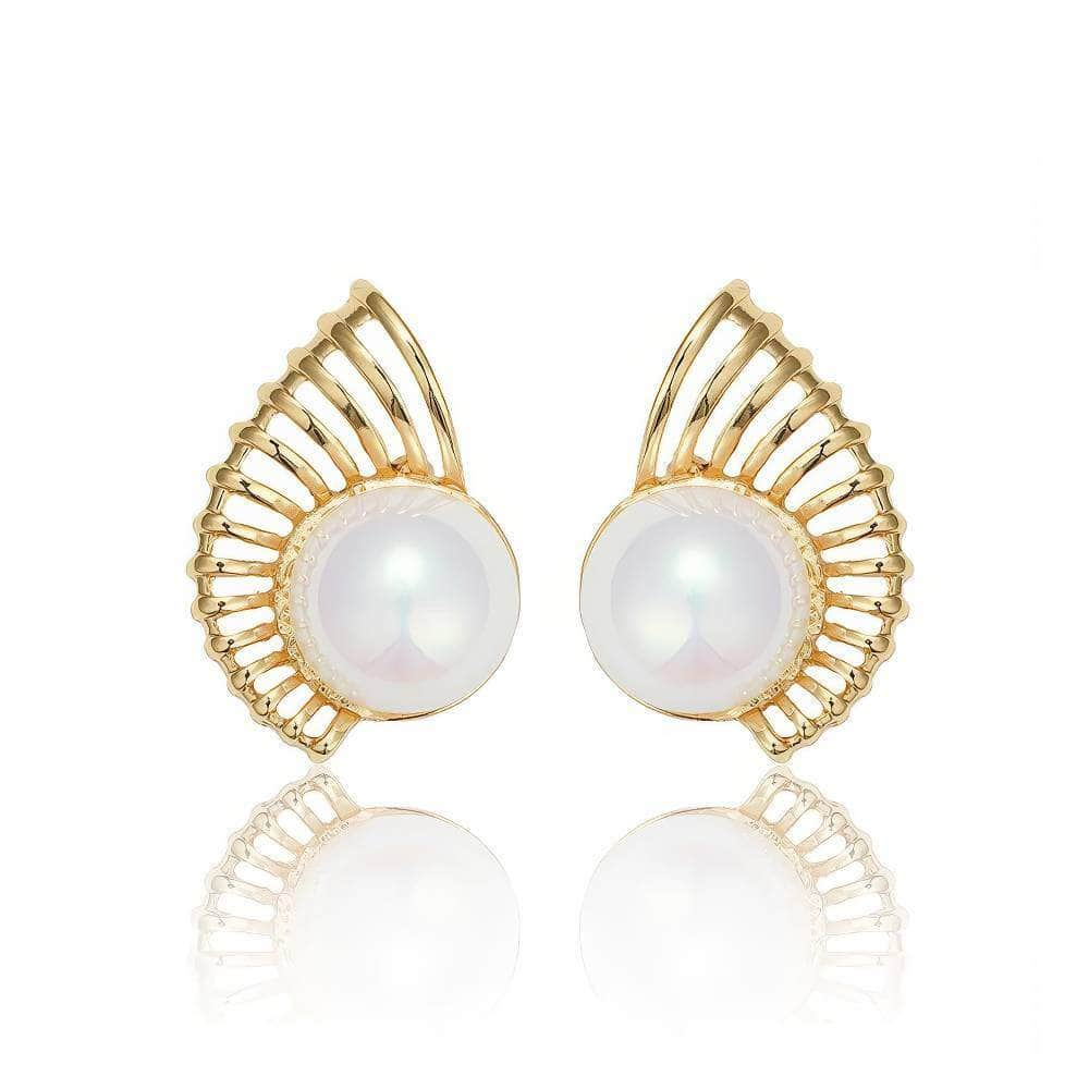 14k Gold Pearl Decor Winged Detail Earrings Gold / Clip On