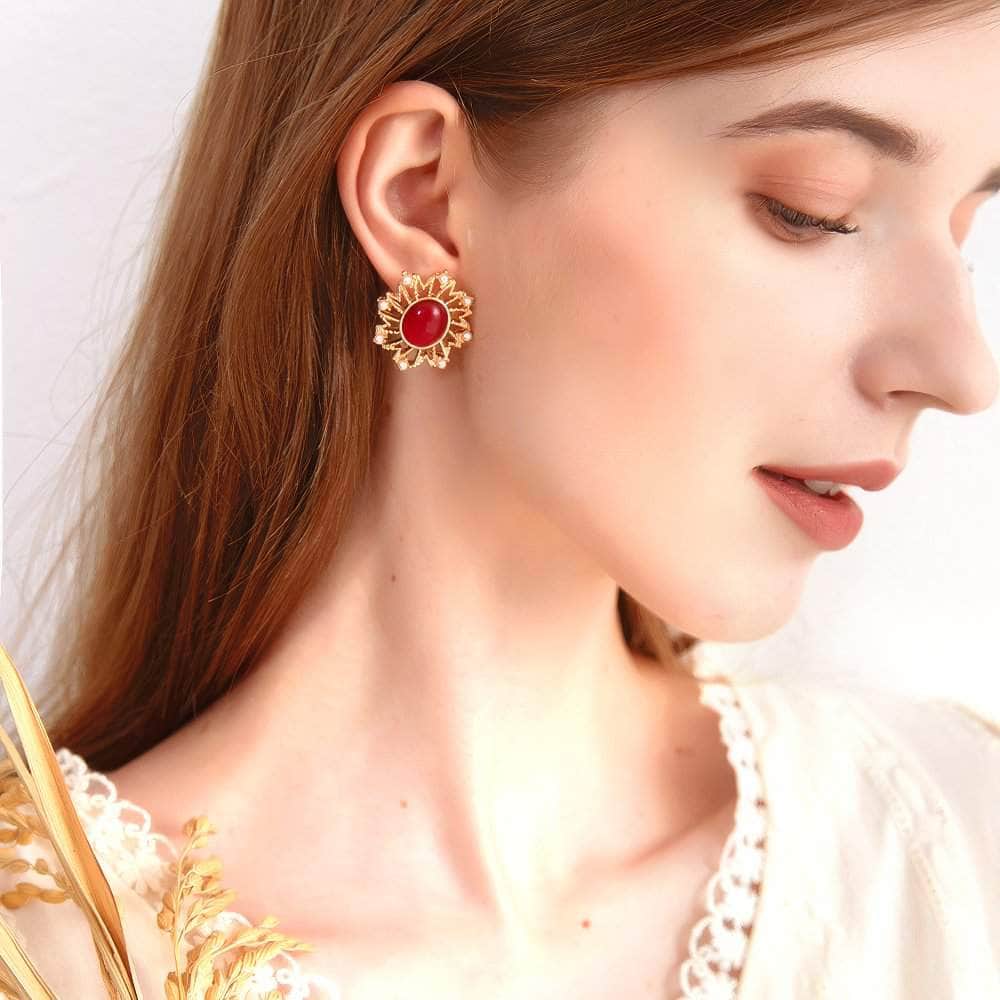 14k Gold Pearl Decorated Gemstone Statement Earrings Multicolor / Clip On