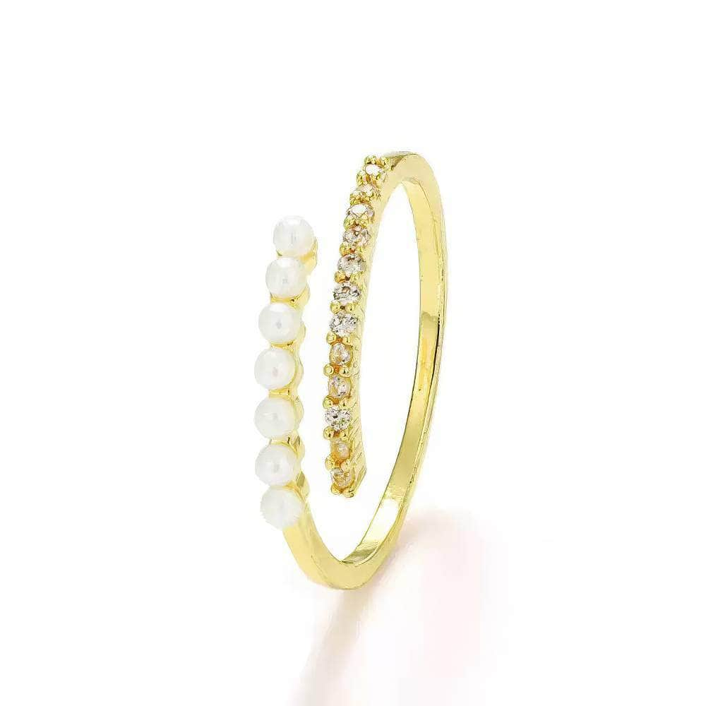 14k Gold Pearl Decorated Paved Crystal Wrap Ring Adjustable / White