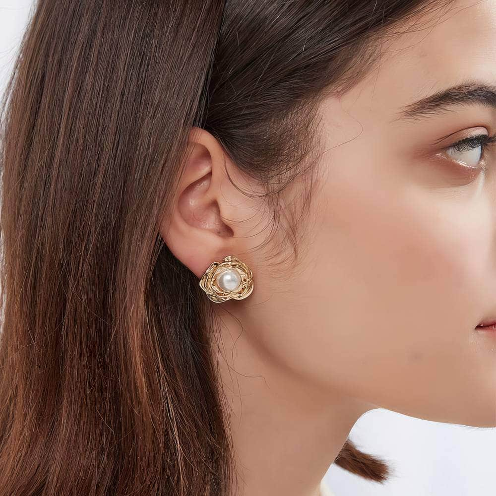 14k Gold Pearl Embellished Floral Grail Studs