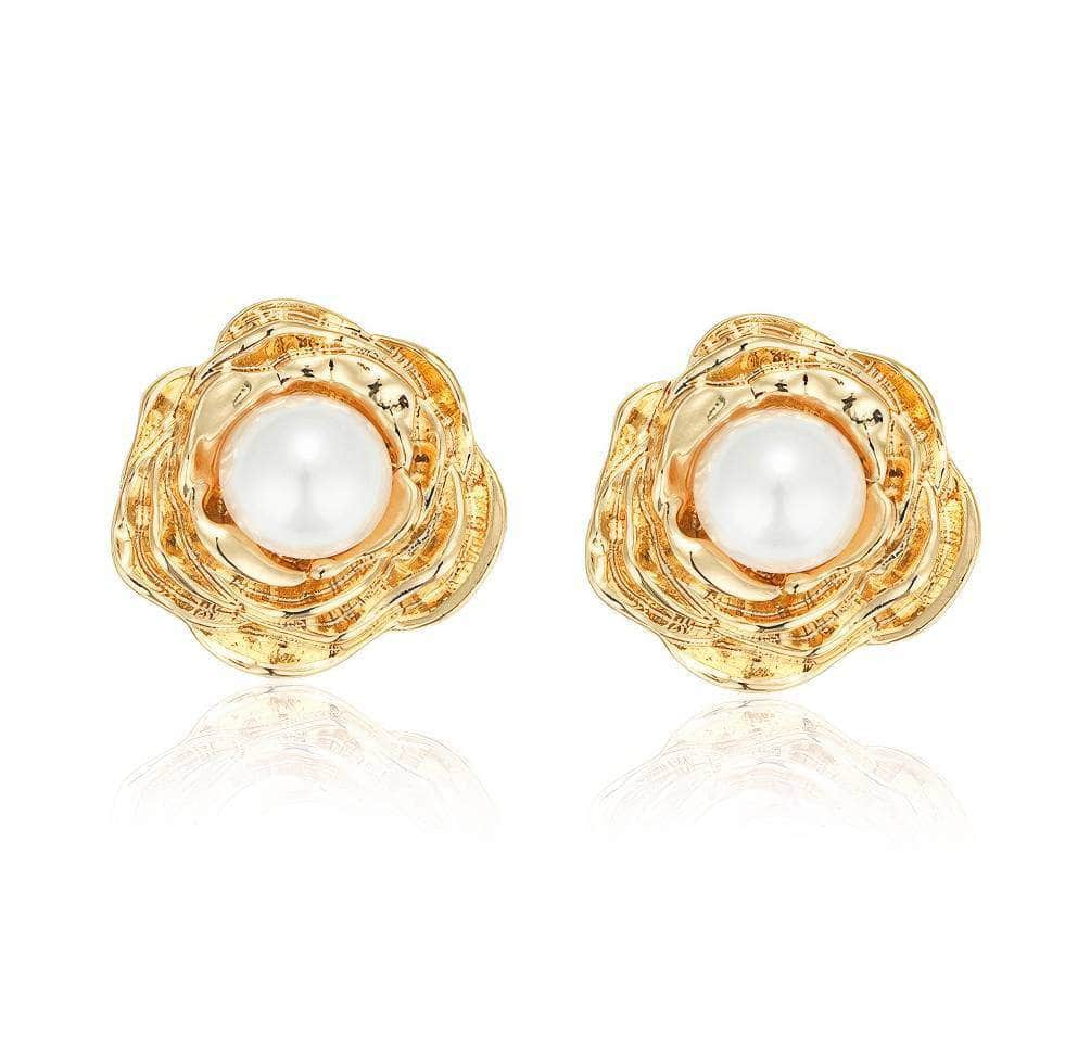 14k Gold Pearl Embellished Floral Grail Studs Gold / Clip On