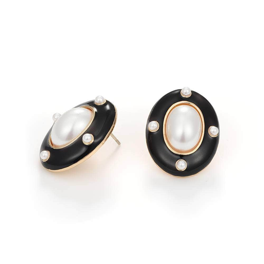 14K Gold Pearl Enamel Buttoned Themed Earrings