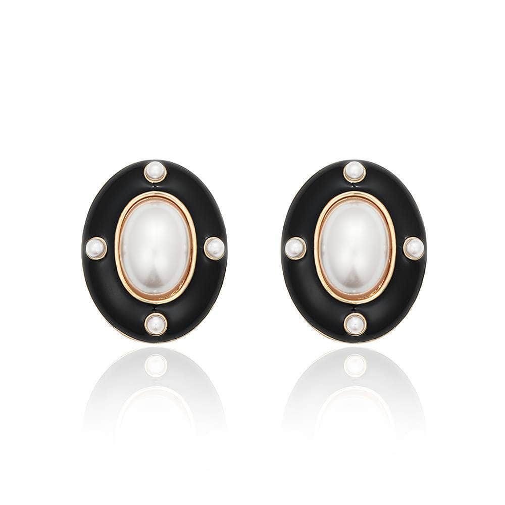 14K Gold Pearl Enamel Buttoned Themed Earrings Black / Clip On