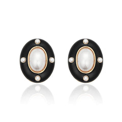 14K Gold Pearl Enamel Buttoned Themed Earrings Black / Clip On