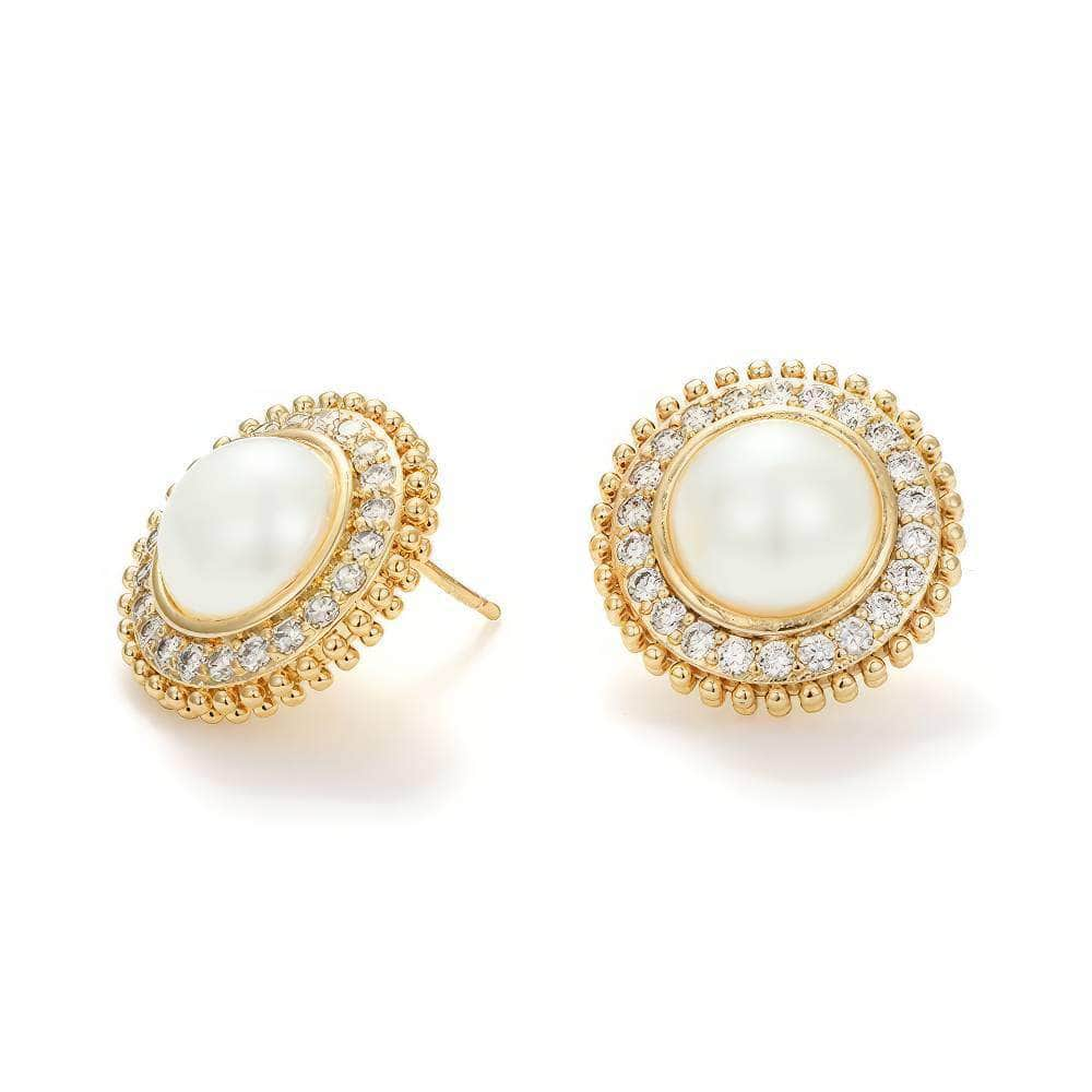 14K Gold Pearl Rhinestone Halo Stud Earrings White / Clip On