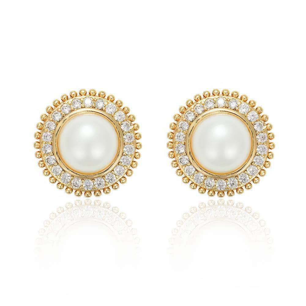 14K Gold Pearl Rhinestone Halo Stud Earrings White / Clip On