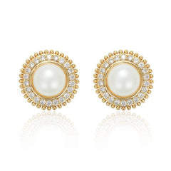 14K Gold Pearl Rhinestone Halo Stud Earrings White / Clip On