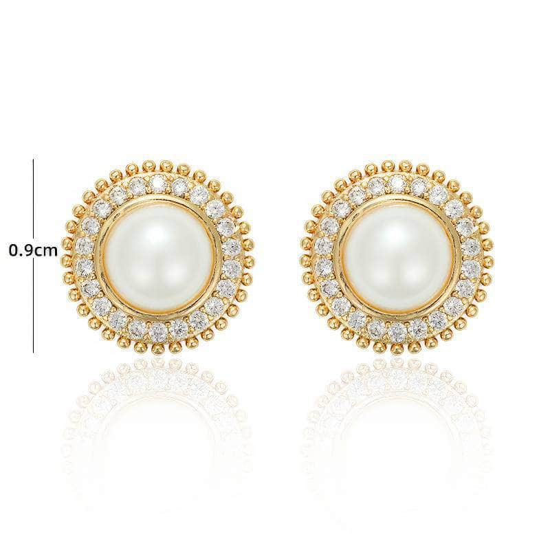 14K Gold Pearl Rhinestone Halo Stud Earrings White / Clip On