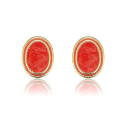 14K Gold Red Coral Cabochon Oval Earrings Coral / Clip On