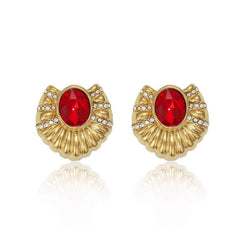 14K Gold Rhinestone Baguette Gemstone Earrings Red / Clip On