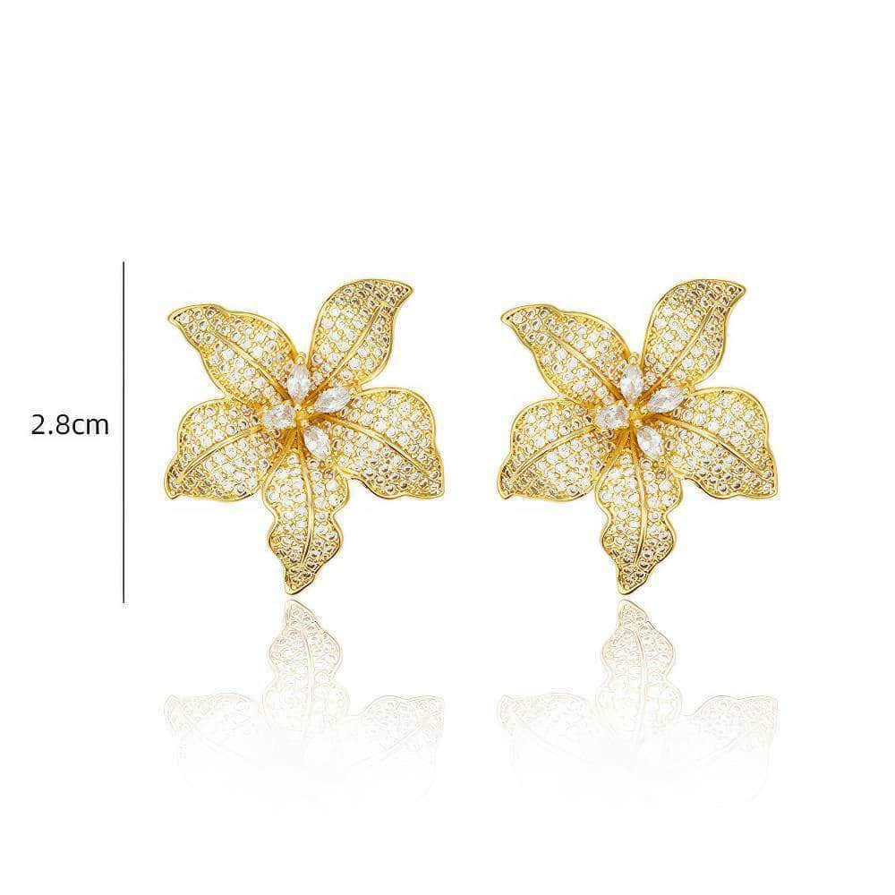 14K Gold Rhinestone Floral Studded Earrings Gold / Clip On