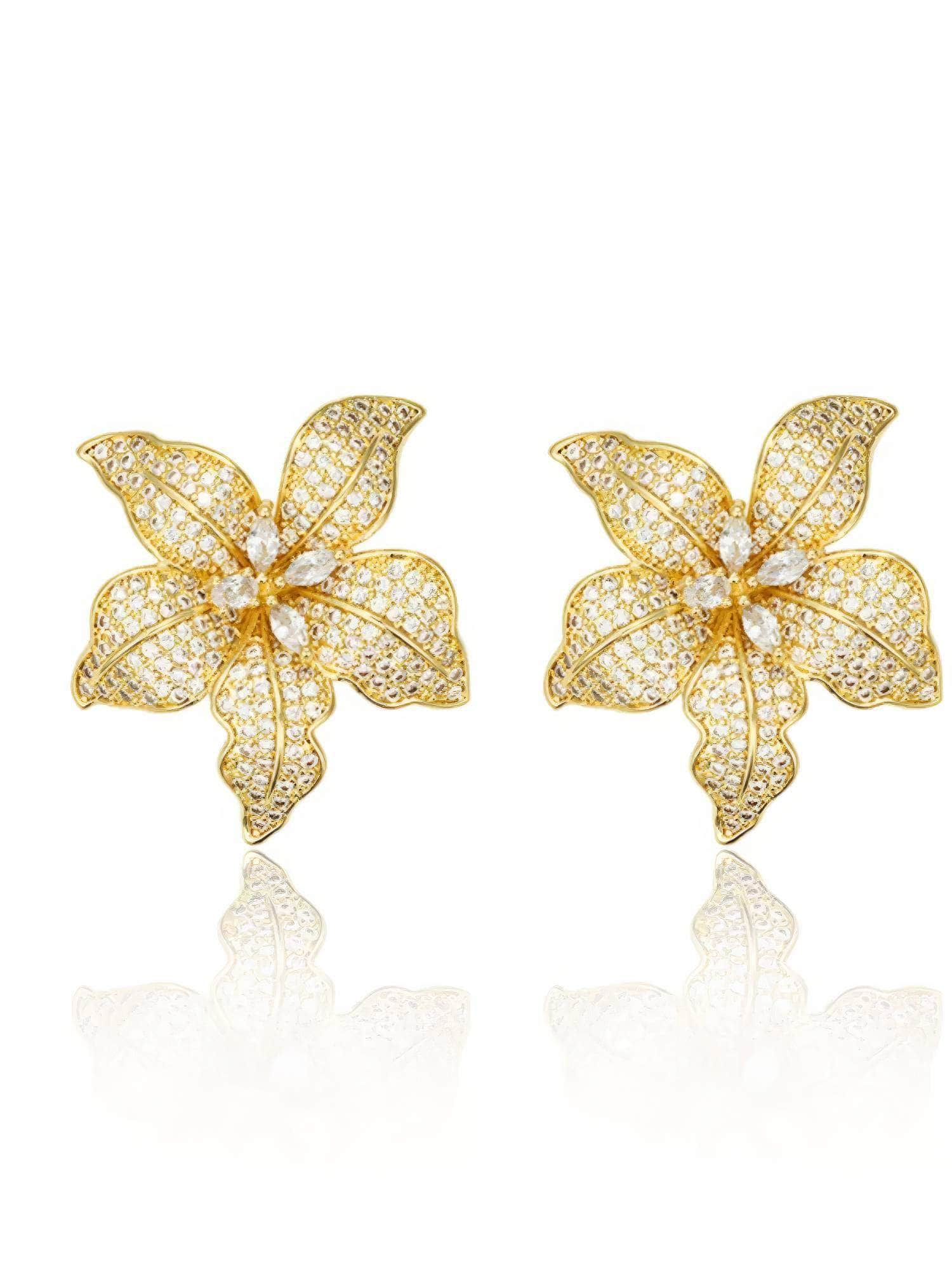 14K Gold Rhinestone Floral Studded Earrings Gold / Clip On