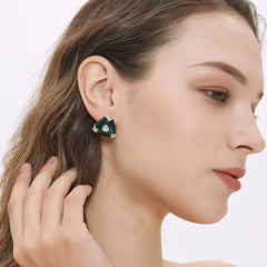 14K Gold Rhinestone Inlaid Enamel Stud Earrings Green / Clip On