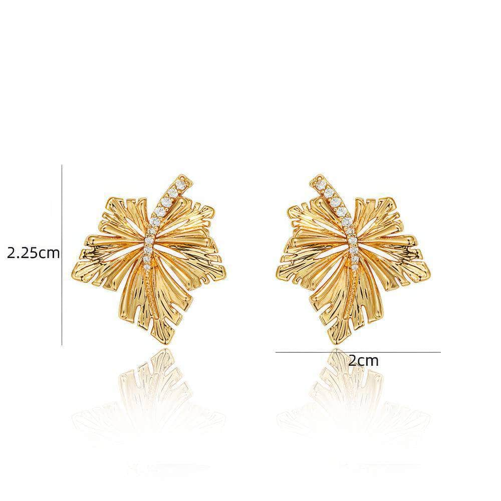 14K Gold Rhinestone Leaf Detailed Stud Earrings