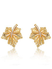 14K Gold Rhinestone Leaf Detailed Stud Earrings Gold / Clip On