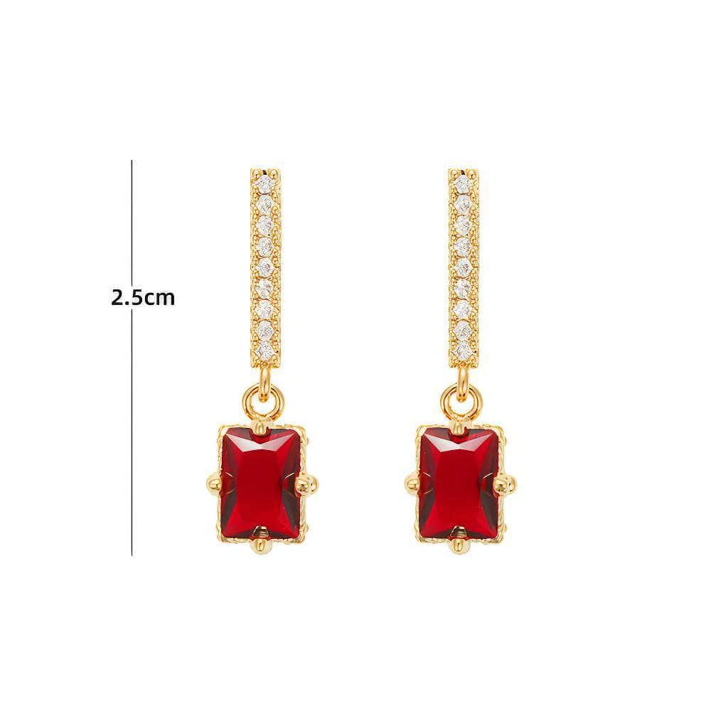 14K Gold Rhinestone Ruby Dangle Earrings