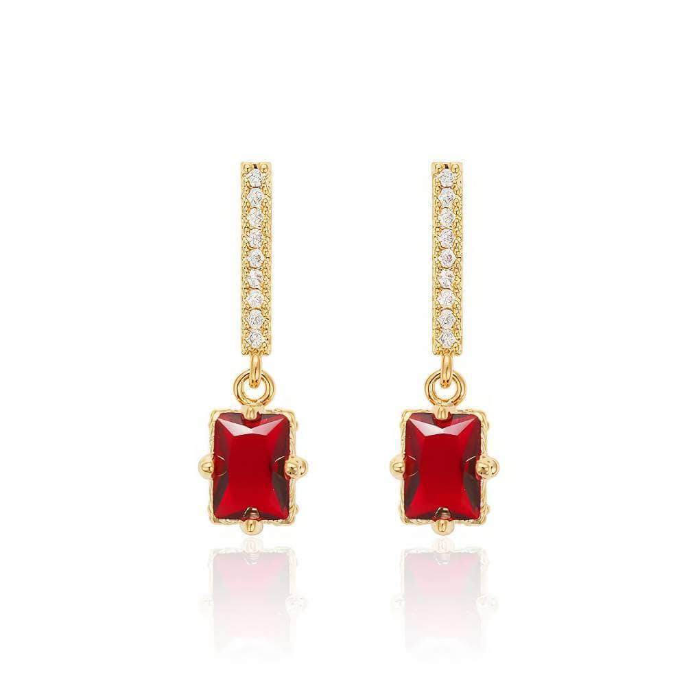 14K Gold Rhinestone Ruby Dangle Earrings Red / Clip On