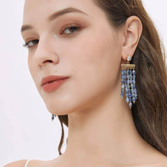 14K Gold Rhinestone Studded Pearly Chandelier Earrings Blue / Clip On