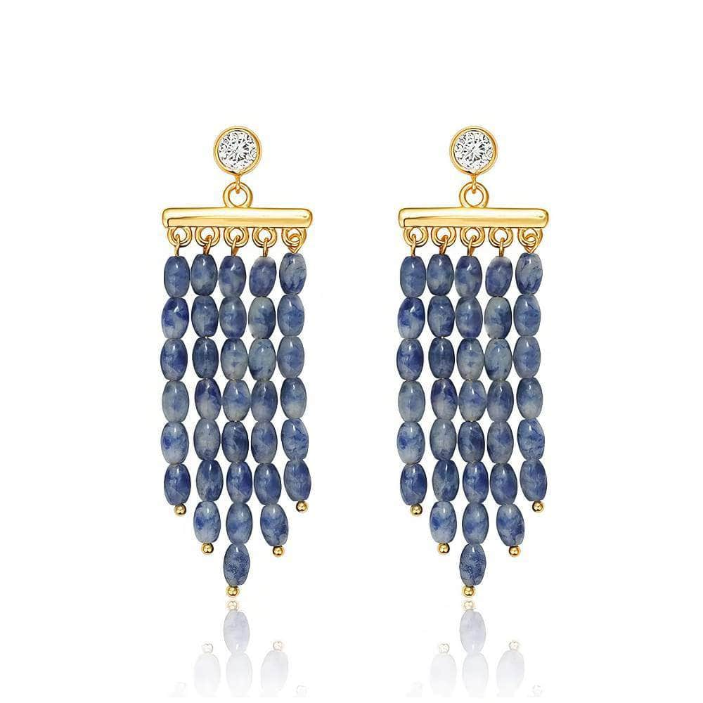 14K Gold Rhinestone Studded Pearly Chandelier Earrings Blue / Clip On