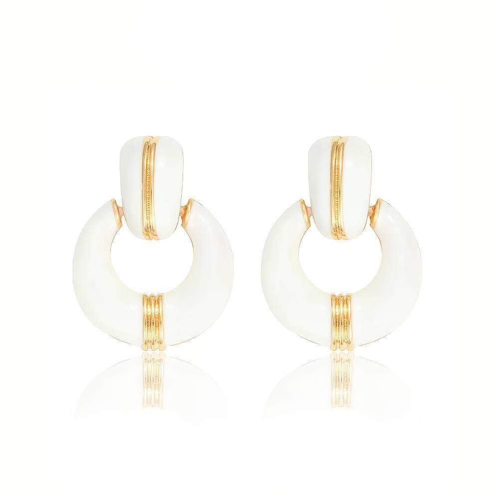 14K Gold Round Dangle Enamel Earrings White / Clip On