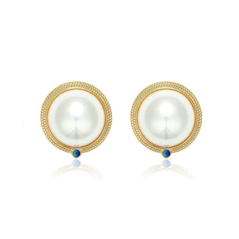 14K Gold Round Mabe Pearl Bezel Gemstone Earrings White / Clip On