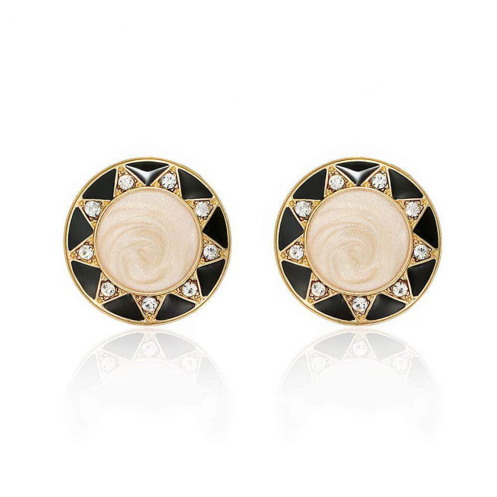 14K Gold Round Rhinestone Studded Enamel Two-Toned Earrings Black / Clip On