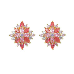 14K Gold Snowflakes Crystal Gemstone Stud Earrings Pink / Clip On