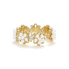 14k Gold Two-Set Daisy Pearl Deco Crystal Paved Cuff Ring Adjustable / White