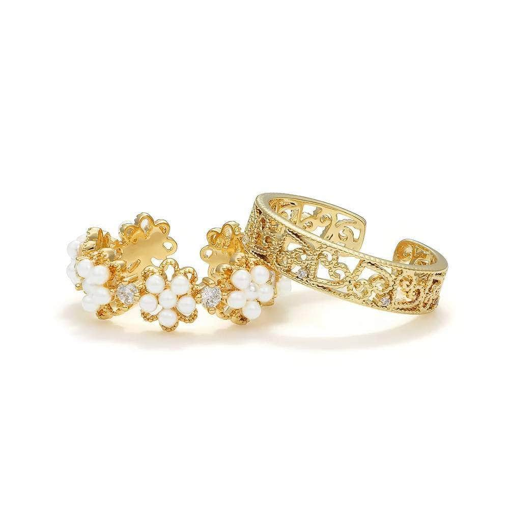 14k Gold Two-Set Daisy Pearl Deco Crystal Paved Cuff Ring Adjustable / White