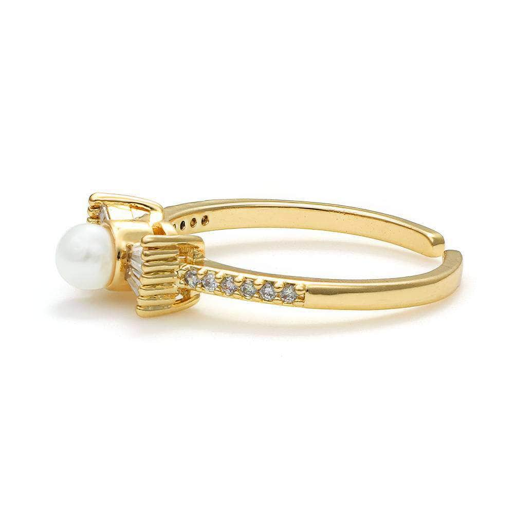 14k Gold Two-Sets Paved Crystal Pearl Deco Adjustable Rings Adjustable / White