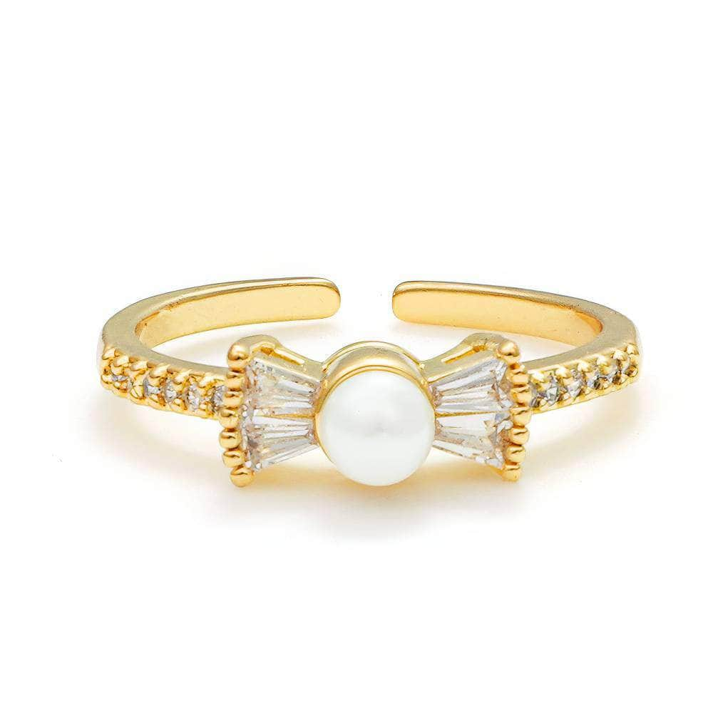 14k Gold Two-Sets Paved Crystal Pearl Deco Adjustable Rings Adjustable / White