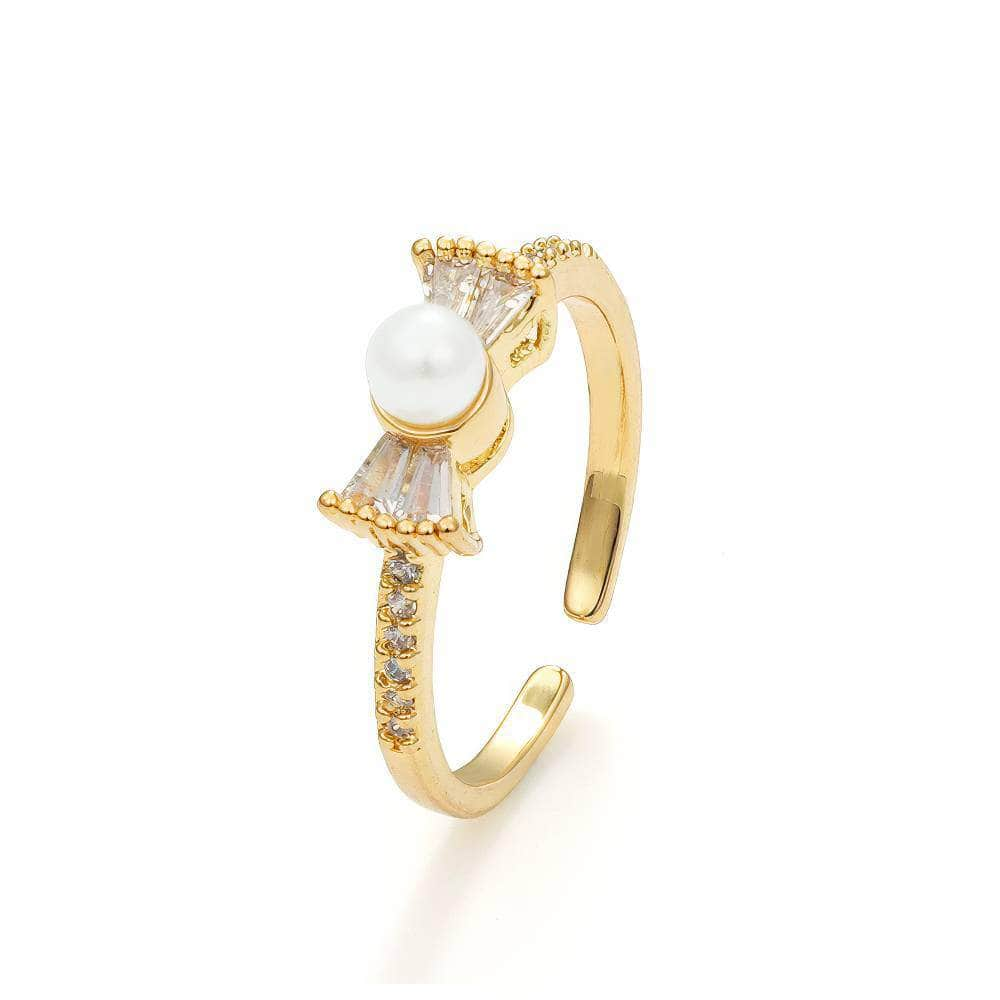 14k Gold Two-Sets Paved Crystal Pearl Deco Adjustable Rings Adjustable / White