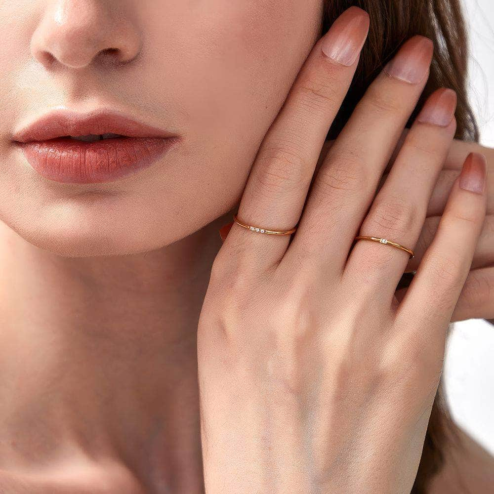 14k Gold Two Sets Paved Crystals Thin Rings