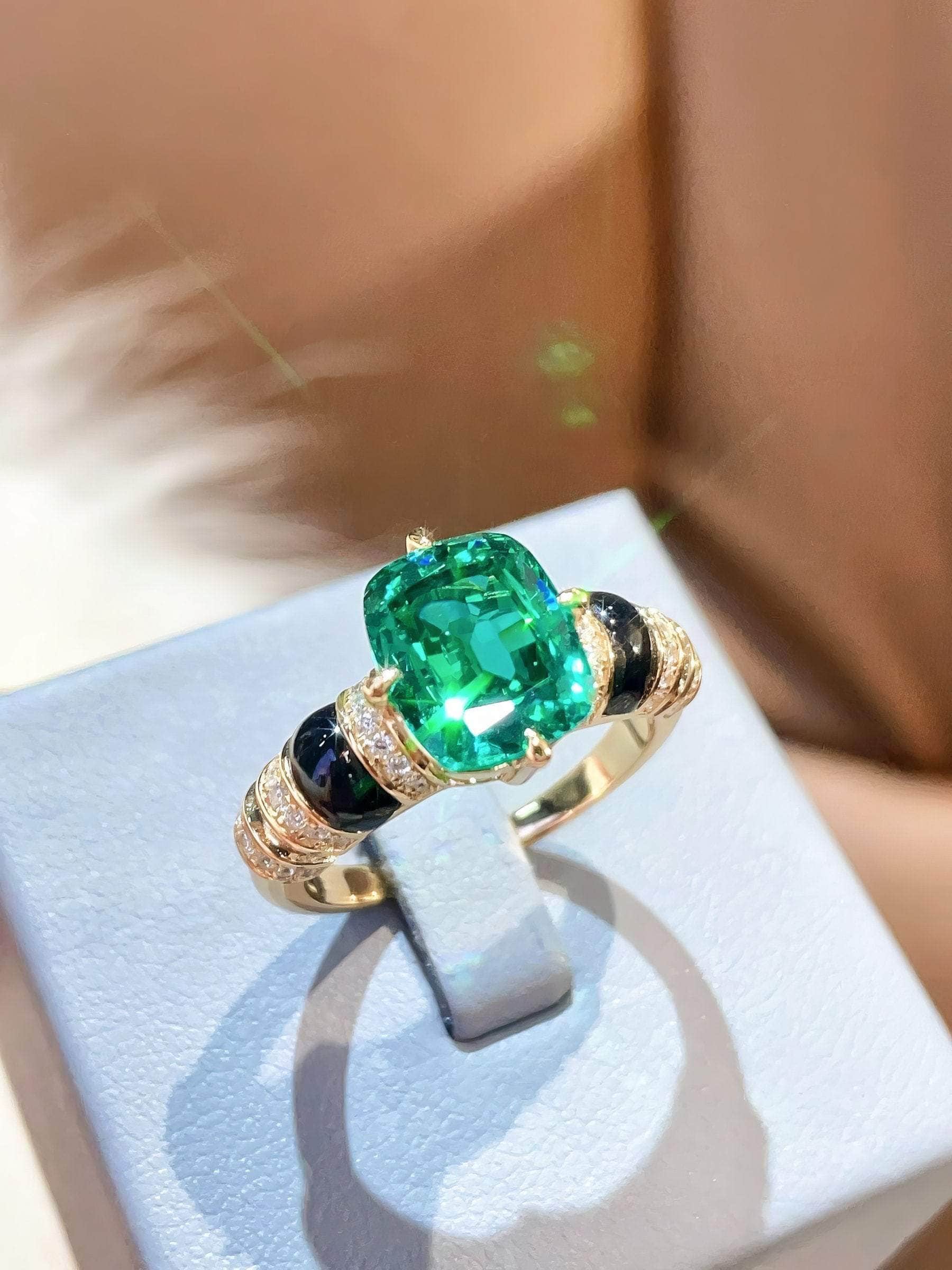 14k Gold Two-Toned Paved Crystal Bezel-Setting Lab-Grown Emerald Ring