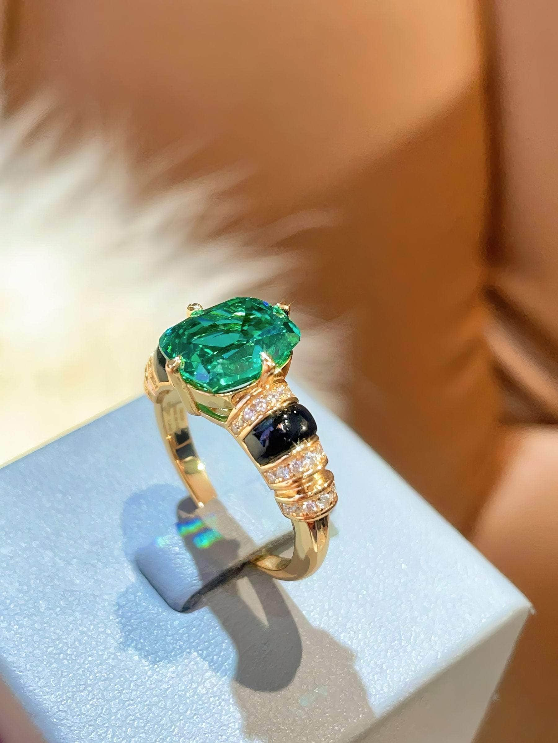 14k Gold Two-Toned Paved Crystal Bezel-Setting Lab-Grown Emerald Ring