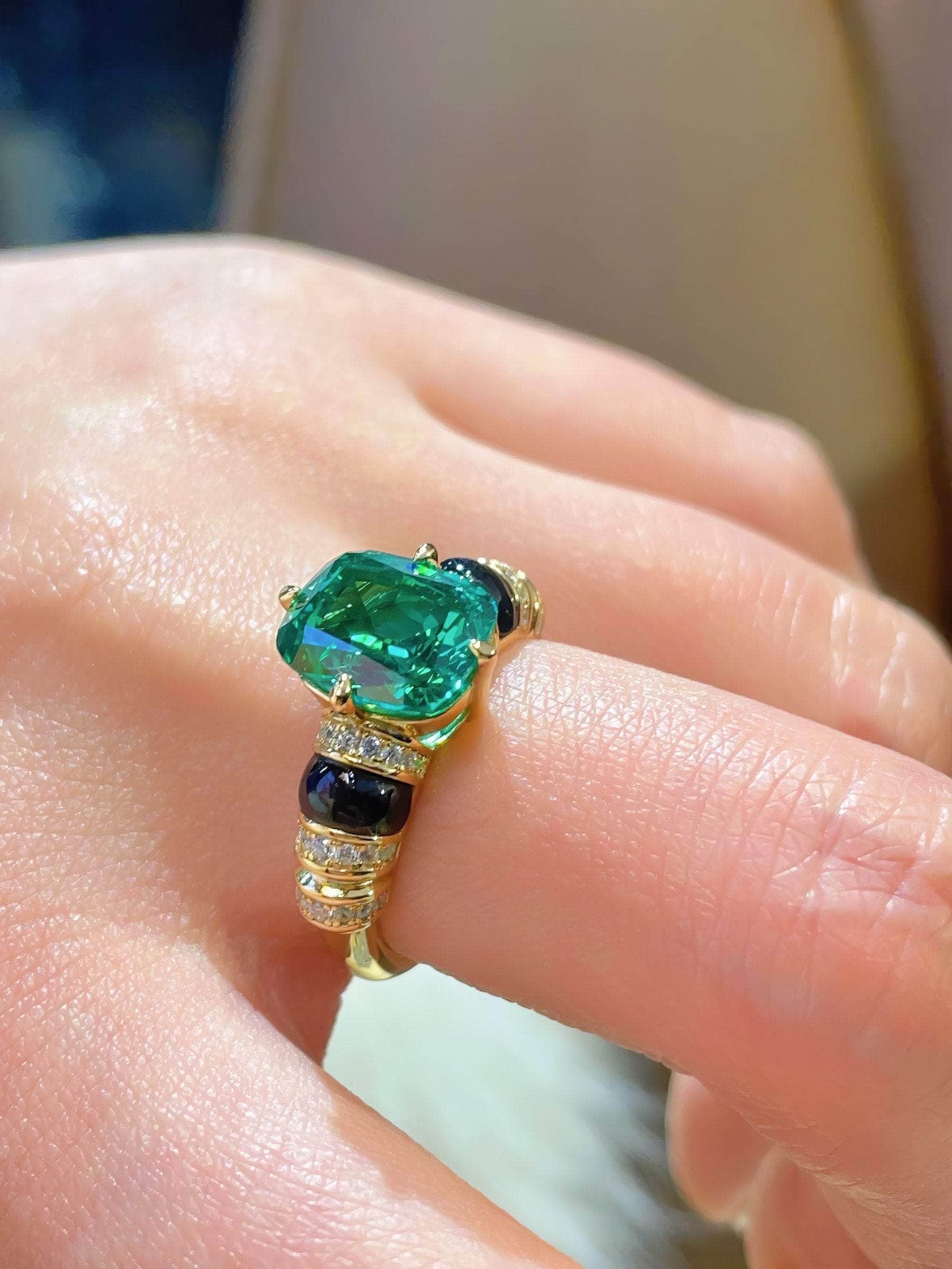 14k Gold Two-Toned Paved Crystal Bezel-Setting Lab-Grown Emerald Ring