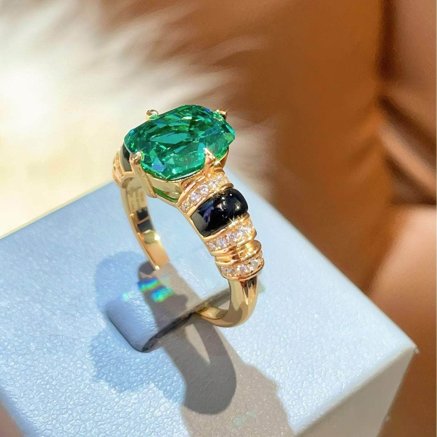 14k Gold Two-Toned Paved Crystal Bezel-Setting Lab-Grown Emerald Ring