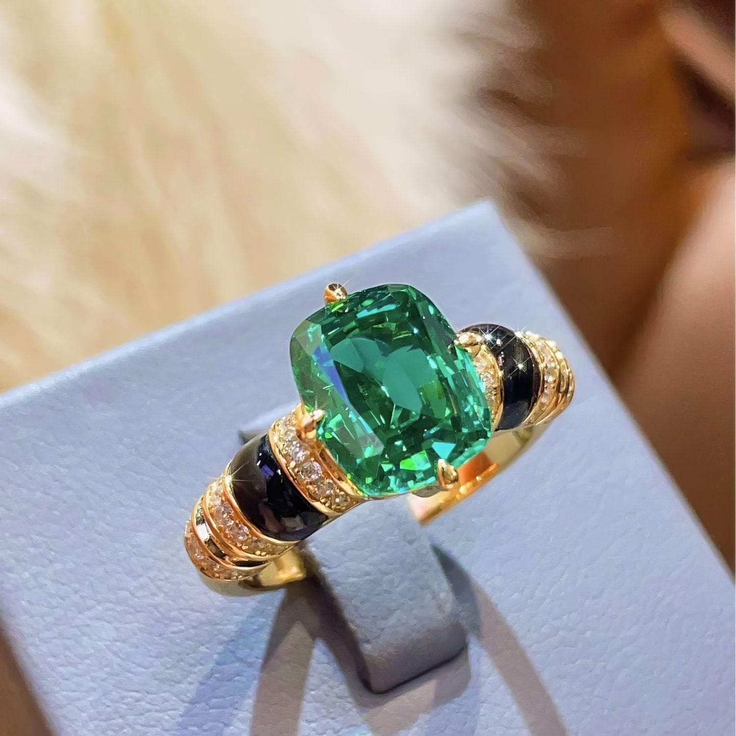 14k Gold Two-Toned Paved Crystal Bezel-Setting Lab-Grown Emerald Ring 5 US / Emerald