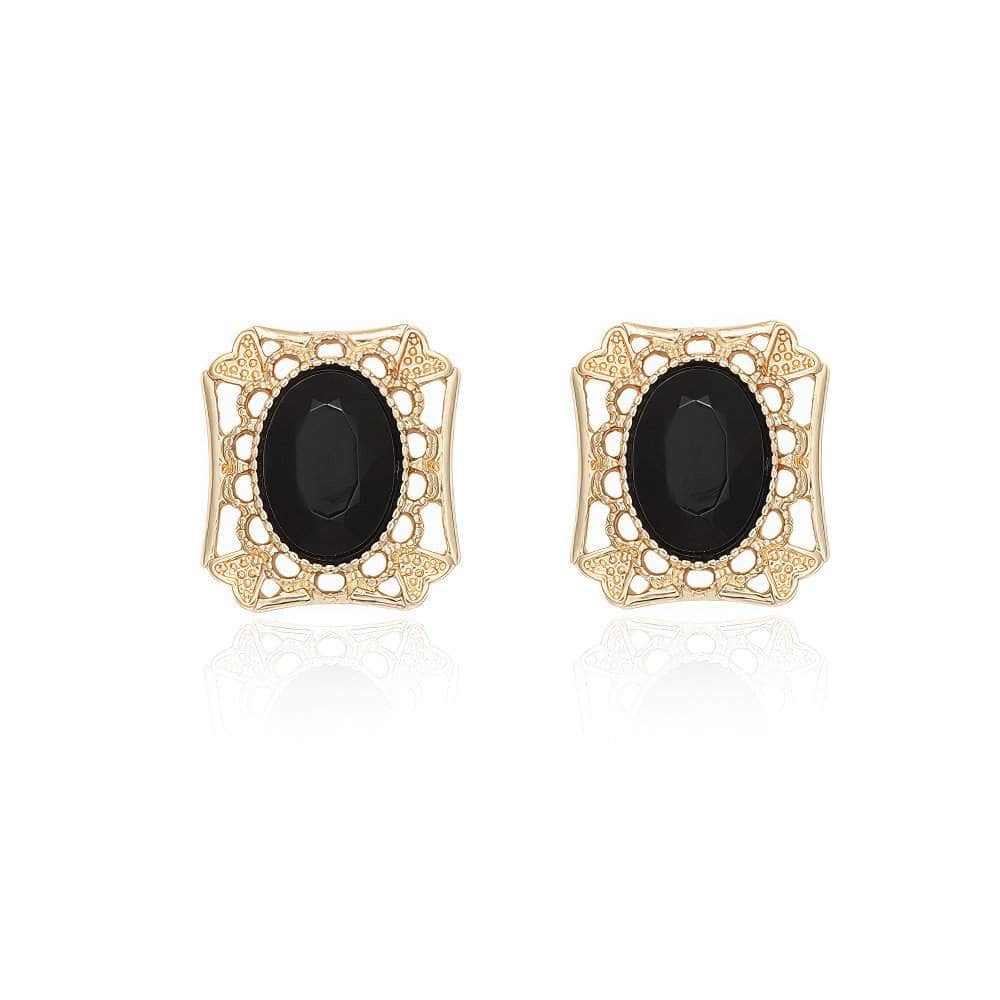 14k Gold Vintage Black Onyx Geometric Earrings Black / Clip On