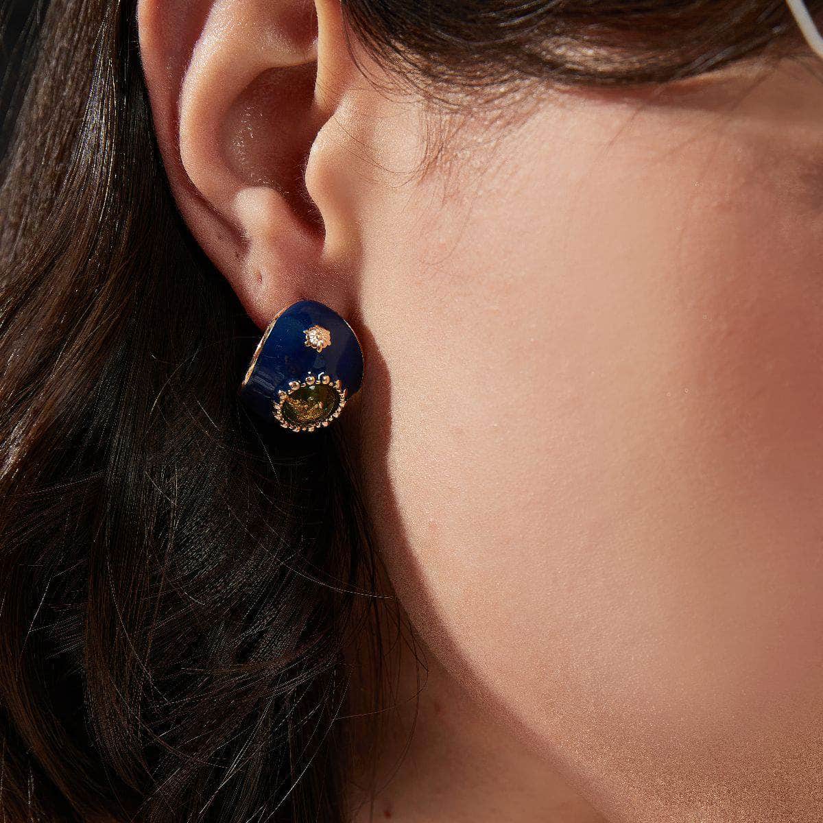 14k Gold Vintage Blue Gemstone Half Hoop Earrings
