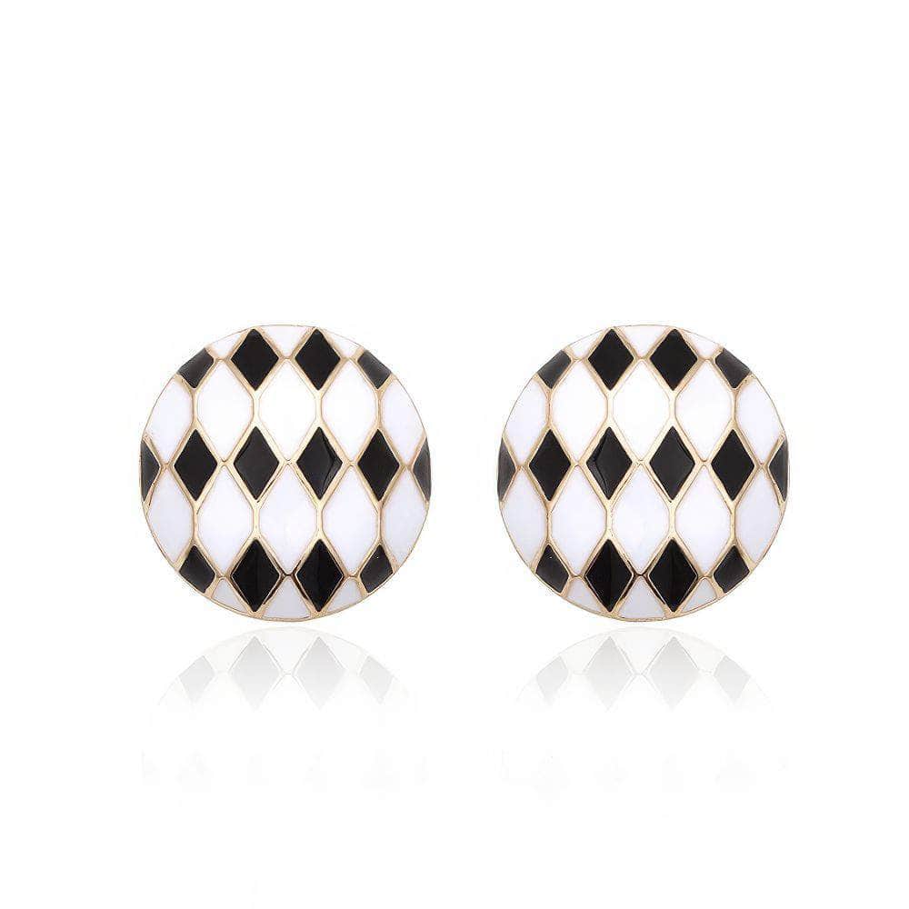 14K Gold Vintage Checker Board Round Statement Earrings White / Clip On