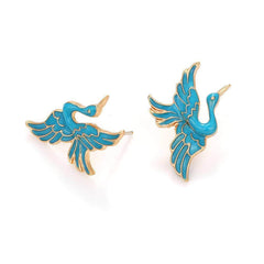 14K Gold Vintage Enamel Crane Clip-On Earrings DeepSkyBlue / Clip On