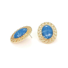 14k Gold Vintage Oval Blue Enamel Opal Earrings Blue / Clasp
