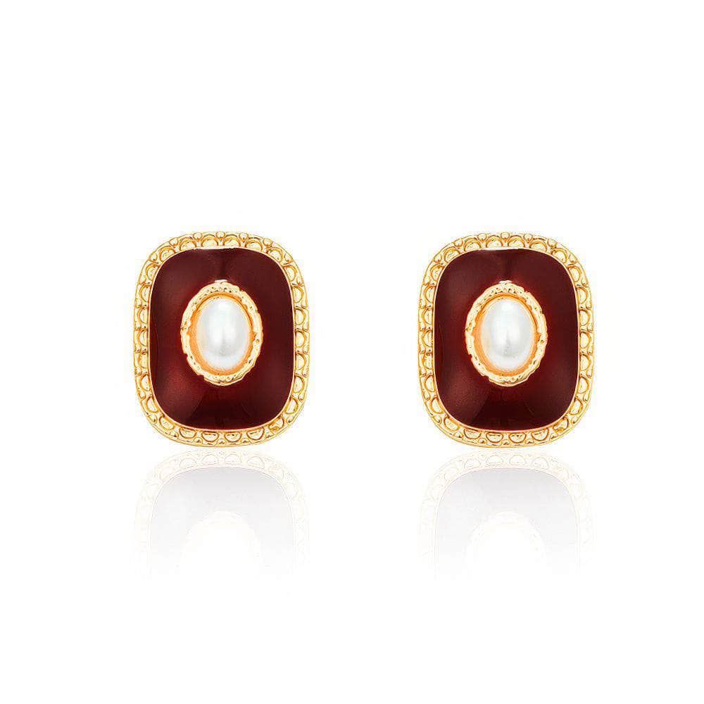 14k Gold Vintage Pearl Decor Geometric Earrings DarkRed / Clip On