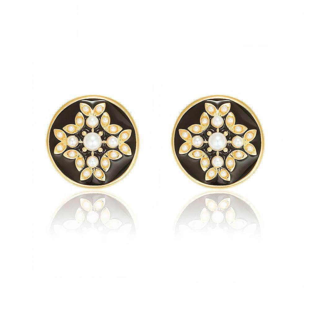 14k Gold Vintage Rhinestone Embellished Stud Earrings Black / Clip On