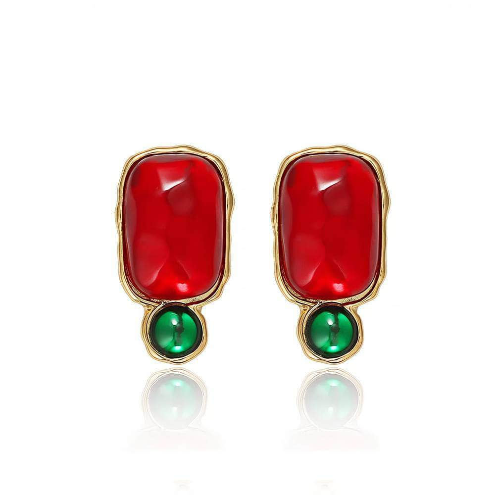 14K Gold Vintage Two-Toned Gemstone Studded Earrings Red / Clip On