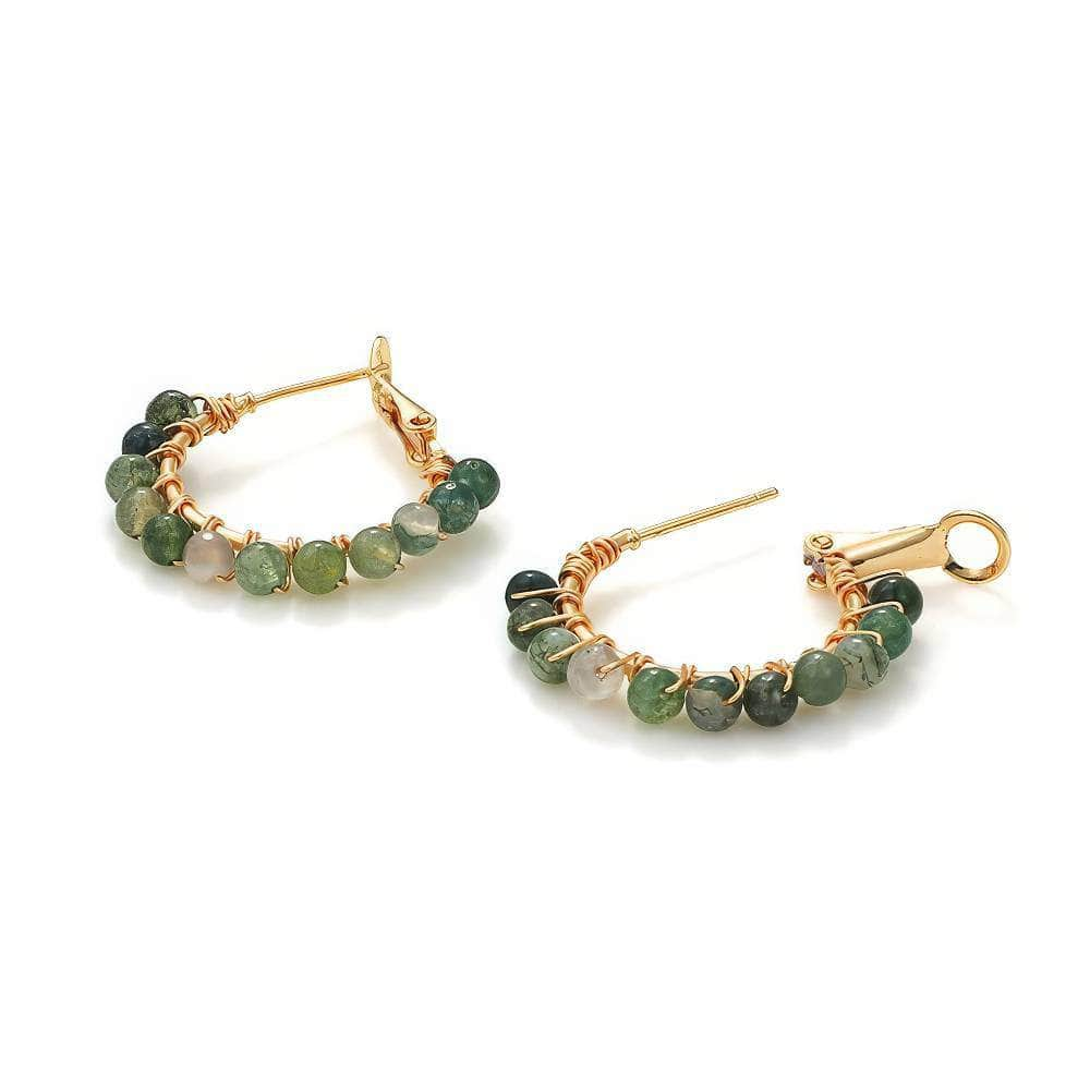 14K Gold Wire Wrap Agate Moss Hoop Earrings Green / Clip On