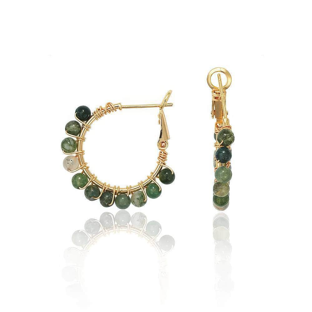 14K Gold Wire Wrap Agate Moss Hoop Earrings Green / Clip On