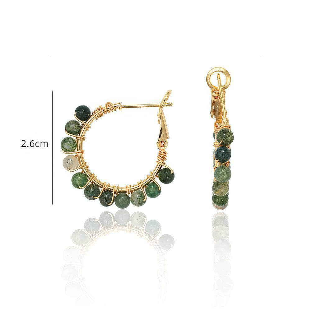 14K Gold Wire Wrap Agate Moss Hoop Earrings Green / Clip On